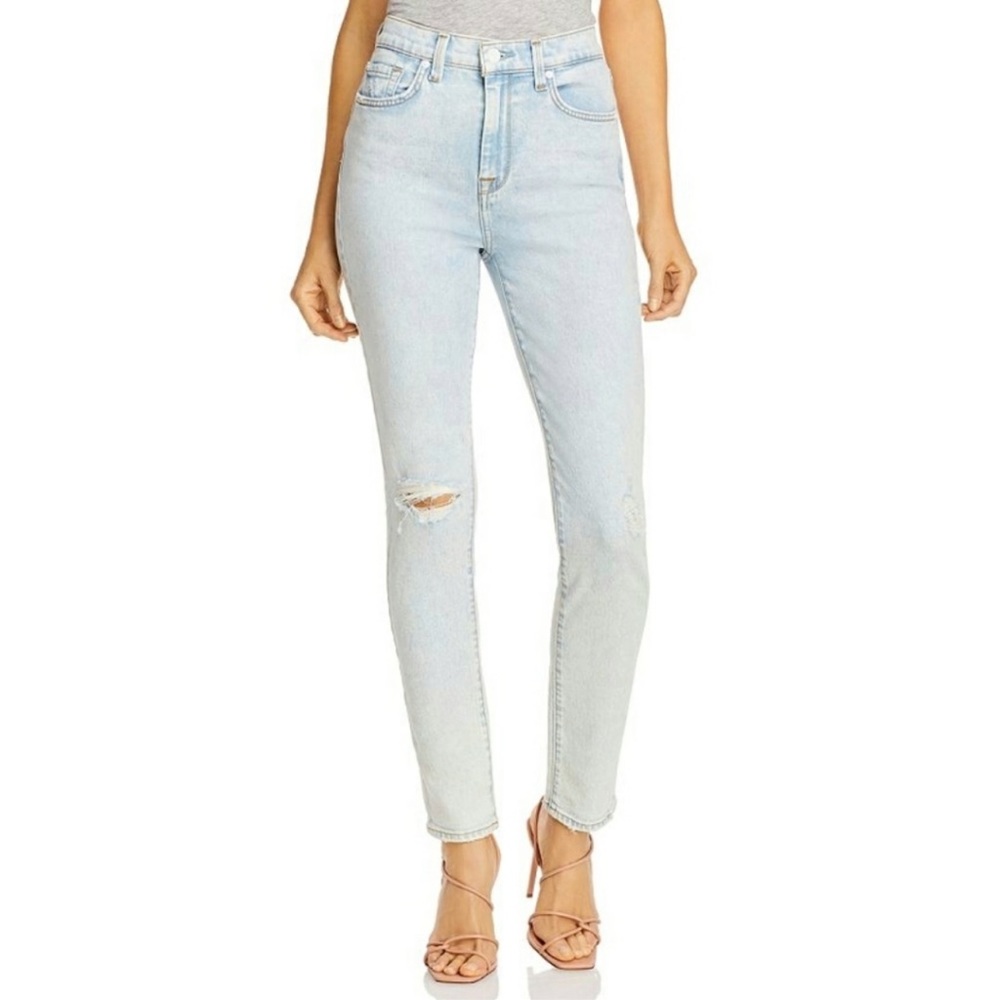 7 FOR ALL MANKIND The High Waist Skinny‎ Jeans In Light Wash Ripped Knee Size 33